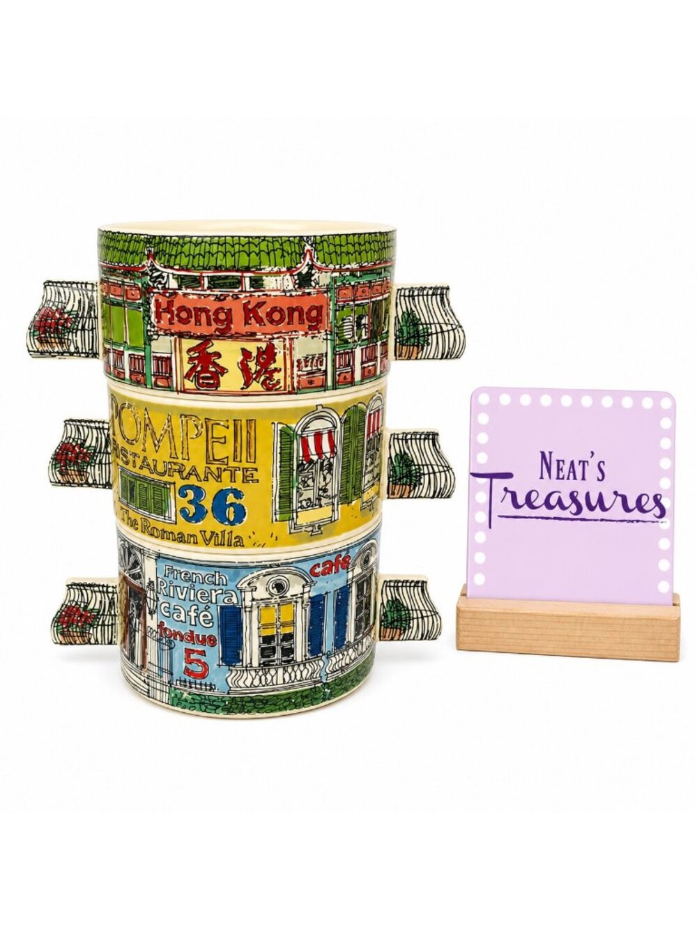 1980 Enesco Imports Roman Paris Hong Kong Town Handle Soup Chowder Bowls Set 3